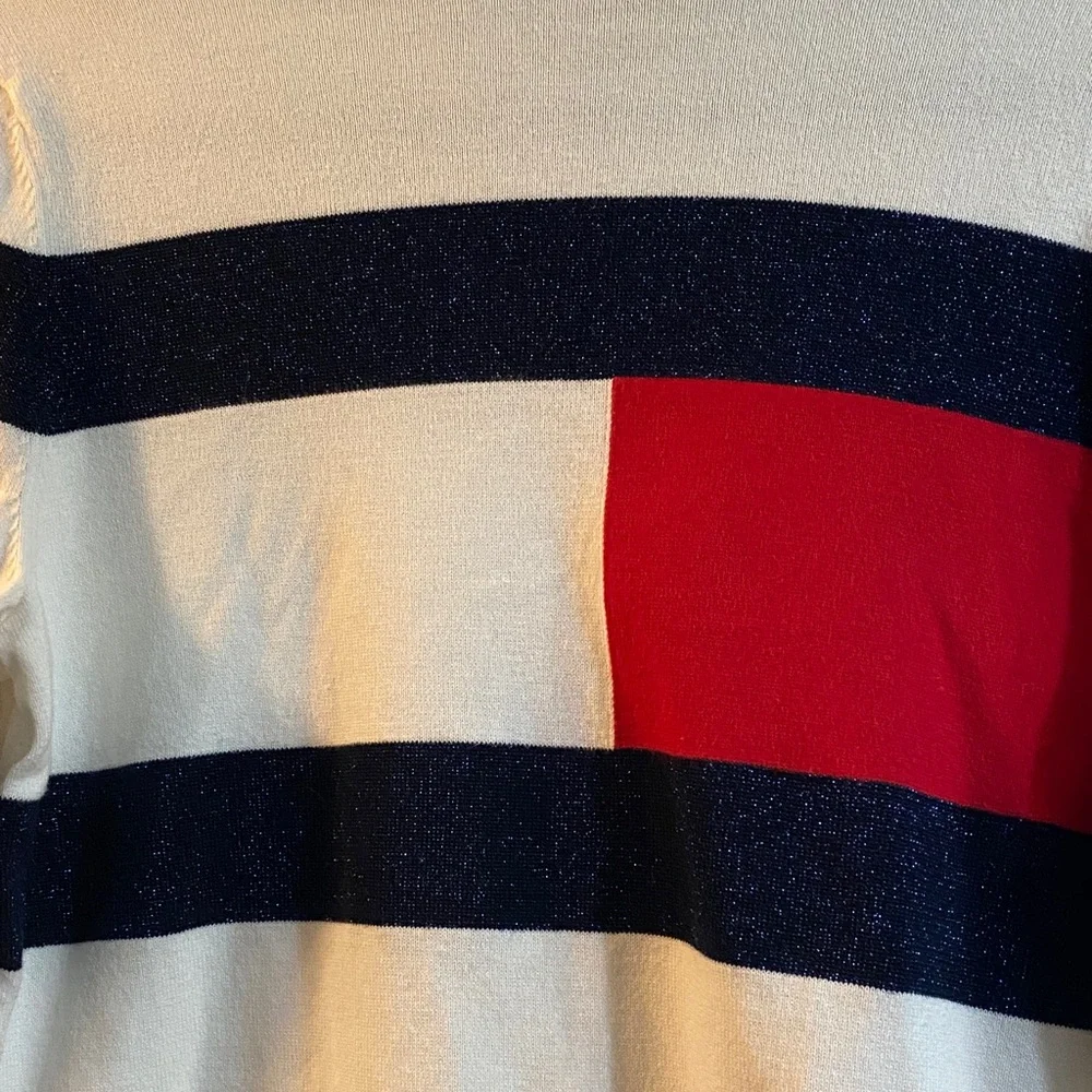 Tommy Hilfiger white Turtleneck Sweater with Red and Blue Stripes - Picture 2 of 6